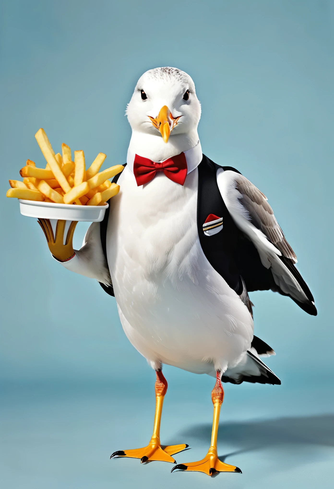 Dressed animals page, A seagull dressed as a waiter, serving hot french fries,