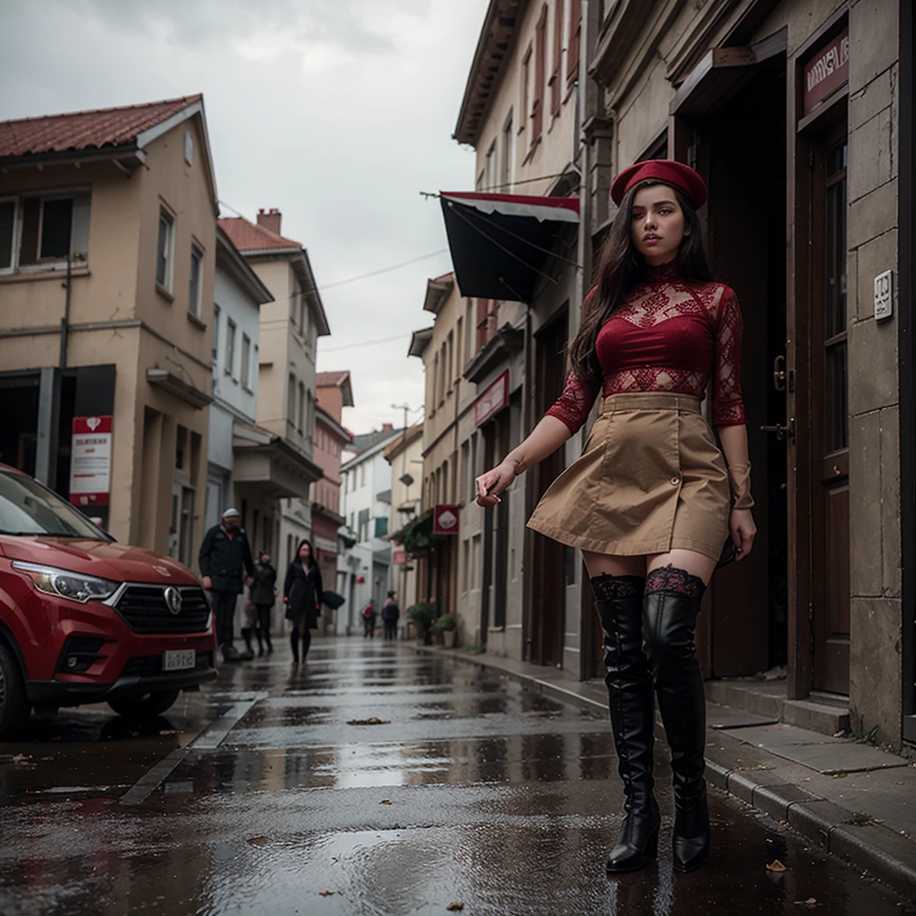 Woman of SLAVIC APPEARANCE in red VELVET LACE, standing on the street, houses destroyed, smoke, khaki military uniform draped over shoulders, lace stockings, full length, cap, black high heel boots