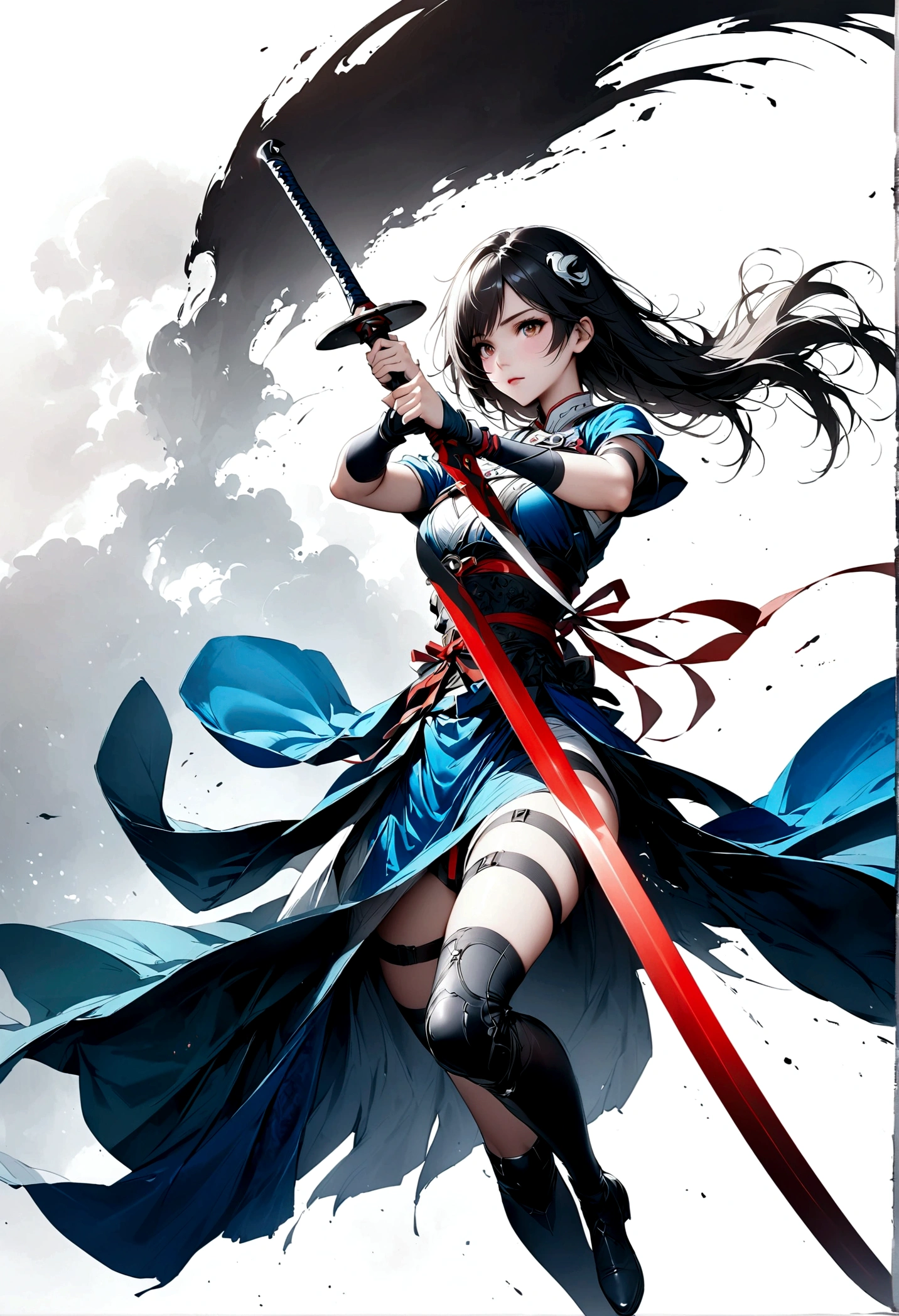 Artistic ink painting，Three-dimensional ink painting，Minimalism，Minimalist graphics，Minimal Art，Anime girl holding a sword，whole body，Chinese style，antiquity，Ink Painting，Blue robe，Black long hair，Black and white background，古韵White Space，White Space，大面积White Space，Texture Matte，Low saturation，Minimalist composition，Master composition