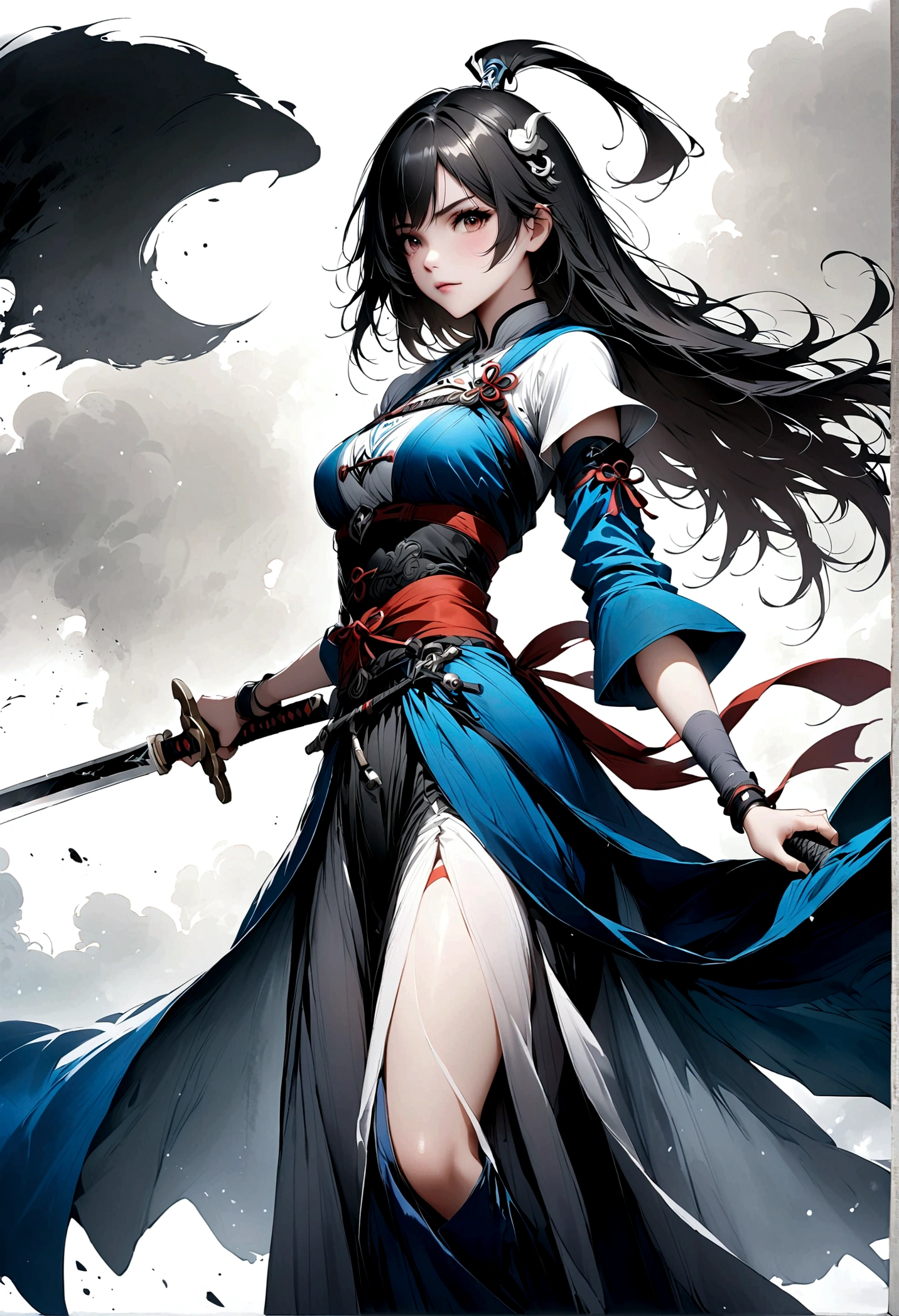 Artistic ink painting,Three-dimensional ink painting,Minimalism,Minimalist graphics,Minimal Art,Anime girl holding a sword,whole body,Chinese style,antiquity,Ink Painting,Blue robe,Black long hair,Black and white background,古韵White Space,White Space,大面积White Space,Texture Matte,Low saturation,Minimalist composition,Master composition