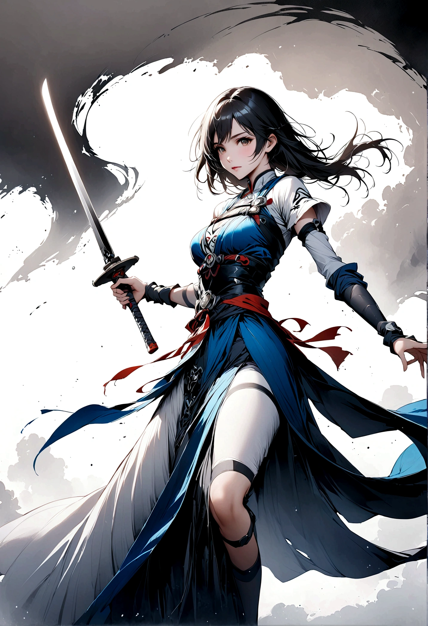 Artistic ink painting,Three-dimensional ink painting,Minimalism,Minimalist graphics,Minimal Art,Anime girl holding a sword,whole body,Chinese style,antiquity,Ink Painting,Blue robe,Black long hair,Black and white background,古韵White Space,White Space,大面积White Space,Texture Matte,Low saturation,Minimalist composition,Master composition