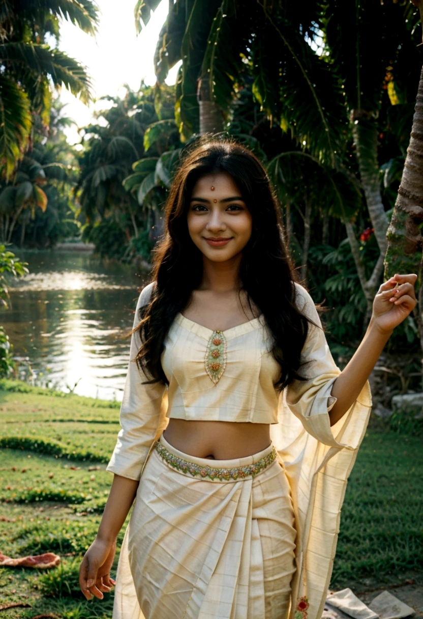 Design an image of a Kerala teen model dressed in a traditional Kerala mundu and blouse, with a radiant smile and a sense of style that exudes confidence. Set the scene with a tranquil backdrop of backwaters, a grassy road, and a coconut tree. Incorporate a palette of calming colors like blue, green, and beige to evoke a sense of serenity