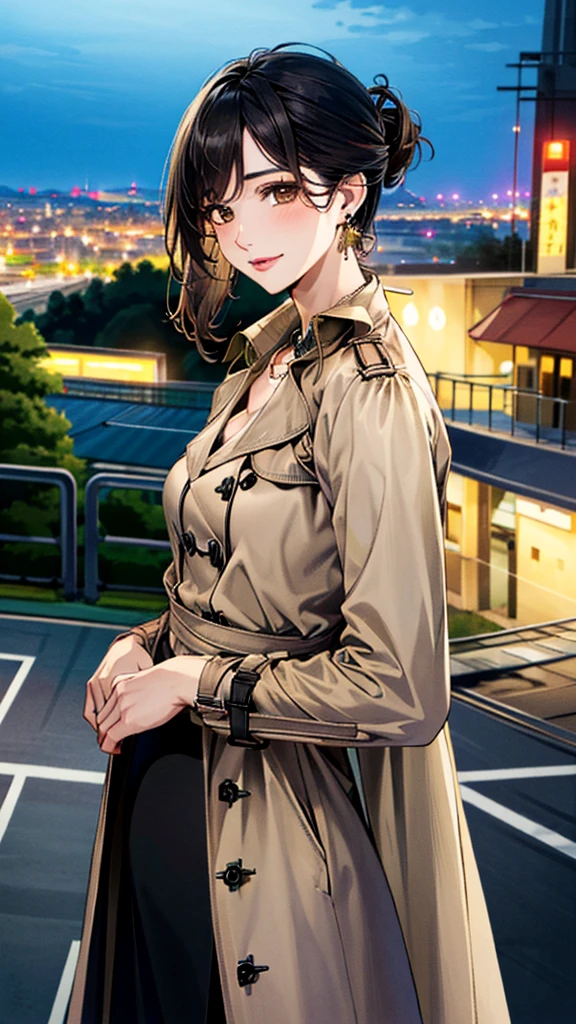 (masterpiece:1.3, Highest quality, Ultra-high resolution, Super detailed), (Realistic, photoRealistic:1.4), Beautiful illustrations, (Natural Side Lighting, Cinema Lighting), colorful, Depth of written boundary,
Beautiful detailed hair, Beautifully detailed face, Beautiful fine details, Beautiful clavicle, Beautiful body, 美しいLarge Breasts, Beautiful thighs, Beautiful feet, Beautiful fingers,
((Open Court、Beige trench coat:1.4)), (knit、Black long skirt 1.4)、
View Viewer、Front view:0.8, Beauty1人, Japanese, Beauty、30 years old, Perfect Face, (Perfect Anatomy, Anatomically correct), Cute and symmetrical face, Baby Face, , Shiny skin,
(Black Hair, Updo Hair:1.4), Dark brown eyes, Large Breasts, Slim body,
necklace, (Small earrings:1.3),
(Beautiful views), (night), (city, cityscape in the distance), Standing with good posture, A soft smile、(Smile, Lips parted),