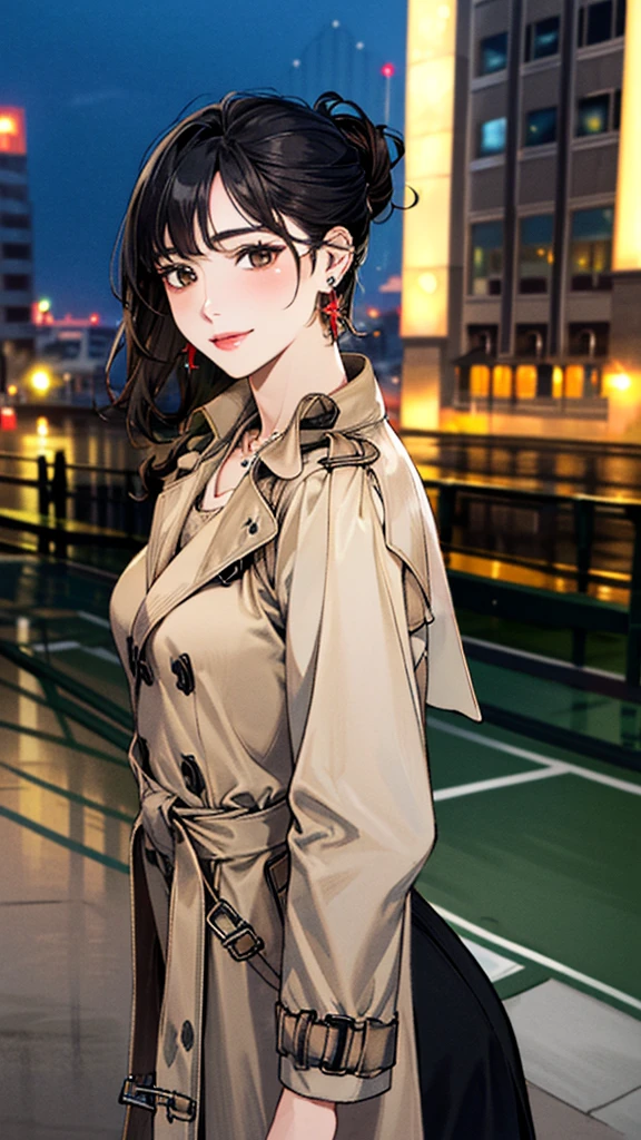 (masterpiece:1.3, Highest quality, Ultra-high resolution, Super detailed), (Realistic, photoRealistic:1.4), Beautiful illustrations, (Natural Side Lighting, Cinema Lighting), colorful, Depth of written boundary,
Beautiful detailed hair, Beautifully detailed face, Beautiful fine details, Beautiful clavicle, Beautiful body, 美しいLarge Breasts, Beautiful thighs, Beautiful feet, Beautiful fingers,
((Open Court、Beige trench coat:1.4)), (knit、Black long skirt 1.4)、
View Viewer、Front view:0.8, Beauty1人, Japanese, Beauty、30 years old, Perfect Face, (Perfect Anatomy, Anatomically correct), Cute and symmetrical face, Baby Face, , Shiny skin,
(Black Hair, Updo Hair:1.4), Dark brown eyes, Large Breasts, Slim body,
necklace, (Small earrings:1.3),
(Beautiful views), (night), (city, cityscape in the distance), Standing with good posture, A soft smile、(Smile, Lips parted),