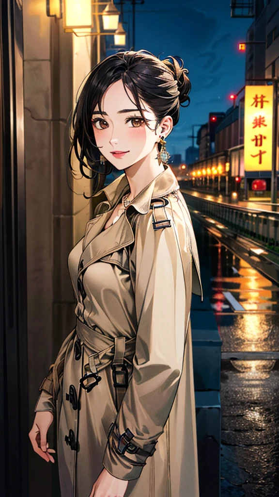 (masterpiece:1.3, Highest quality, Ultra-high resolution, Super detailed), (Realistic, photoRealistic:1.4), Beautiful illustrations, (Natural Side Lighting, Cinema Lighting), colorful, Depth of written boundary,
Beautiful detailed hair, Beautifully detailed face, Beautiful fine details, Beautiful clavicle, Beautiful body, 美しいLarge Breasts, Beautiful thighs, Beautiful feet, Beautiful fingers,
((Open Court、Beige trench coat:1.4)), (knit、Black long skirt 1.4)、
View Viewer、Front view:0.8, Beauty1人, Japanese, Beauty、30 years old, Perfect Face, (Perfect Anatomy, Anatomically correct), Cute and symmetrical face, Baby Face, , Shiny skin,
(Black Hair, Updo Hair:1.4), Dark brown eyes, Large Breasts, Slim body,
necklace, (Small earrings:1.3),
(Beautiful views), (night), (city, cityscape in the distance), Standing with good posture, A soft smile、(Smile, Lips parted),