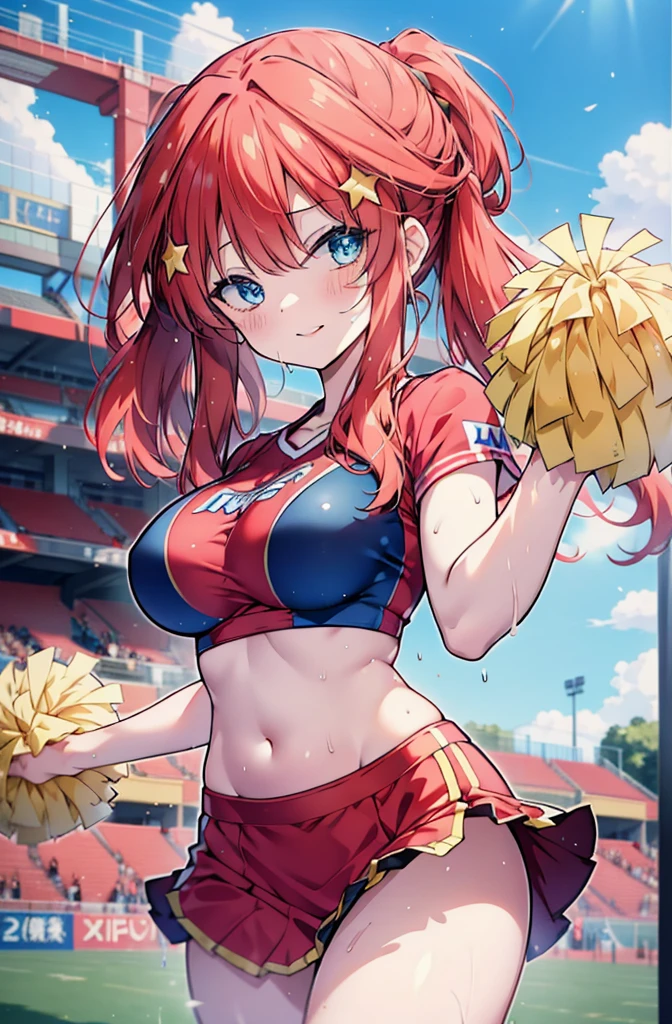 itsukinakano, Itsuki Nakano, bangs, blue eyes, hair between eyes, Ahoge, Redhead, star \(symbol\), happy smile, smile, Open your mouth,hair ornaments, star hair ornaments,(cheer leading), (whole body), Big Breasts, Lower, (Sweaty), Sweaty Wet Clothes (Red clothes),  No sleeve,Belly button support, playground, (Jump), (Jump), 足を曲げてJumpする, air, blue sky, Grass原, smileのチアリーダー, Pom-pom \(cheer leading\), Grass, whole bodyがイラストに入るように,
break outdoors, Stadium,
break looking at viewer, whole body,
break (masterpiece:1.2), Highest quality, High resolution, unity 8k wallpaper, (shape:0.8), (Fine and beautiful eyes:1.6), Highly detailed face, Perfect lighting, Highly detailed CG, (Perfect hands, Perfect Anatomy),
