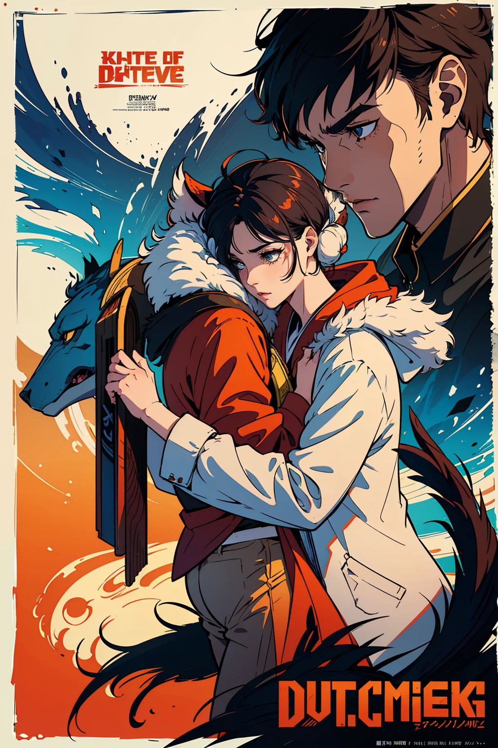 movie poster, movie artwork, concept art of love, romance novel cover, highres, top quality, best quality, perfect artwork, absurdres, perfect anatomy(couple, young 1male detective, 1woman in Chinese dress)(furry, kemono, anthro))with some elements of 007, battle,