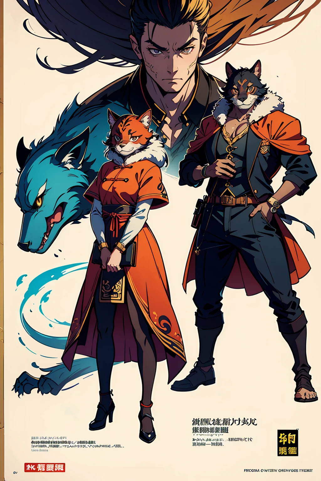 movie poster, movie artwork, concept art of love, romance novel cover, highres, top quality, best quality, perfect artwork, absurdres, perfect anatomy(couple, young 1male detective, 1woman in Chinese dress)(furry, kemono, anthro))with some elements of 007, battle,