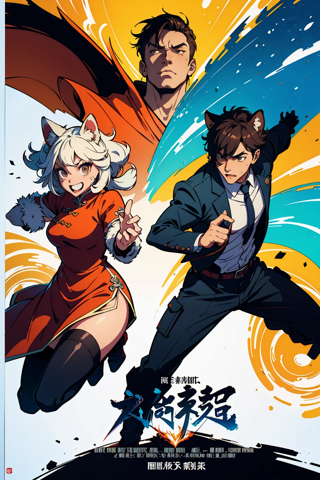movie poster, movie artwork, concept art of love, romance novel cover, highres, top quality, best quality, perfect artwork, absurdres, perfect anatomy(couple, young 1male detective, 1woman in Chinese dress)(furry, kemono, anthro))with some elements of 007, battle,