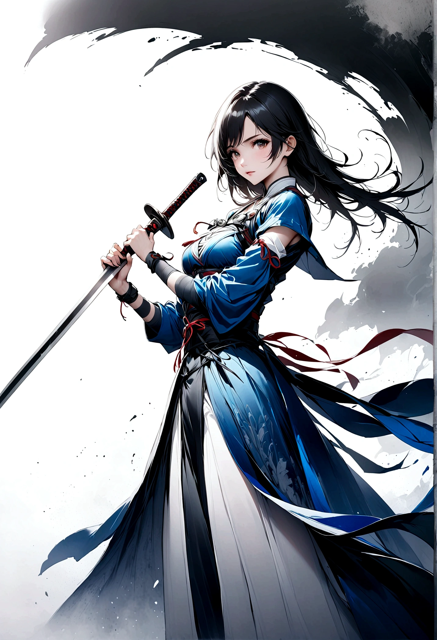 Artistic ink painting，Three-dimensional ink painting，Minimalism，Minimalist graphics，Minimal Art，Anime girl holding a sword，whole body，Chinese style，antiquity，Ink Painting，Blue robe，Black long hair，Black and white background，古韵White Space，White Space，大面积White Space，Texture Matte，Low saturation，Minimalist composition，Master composition