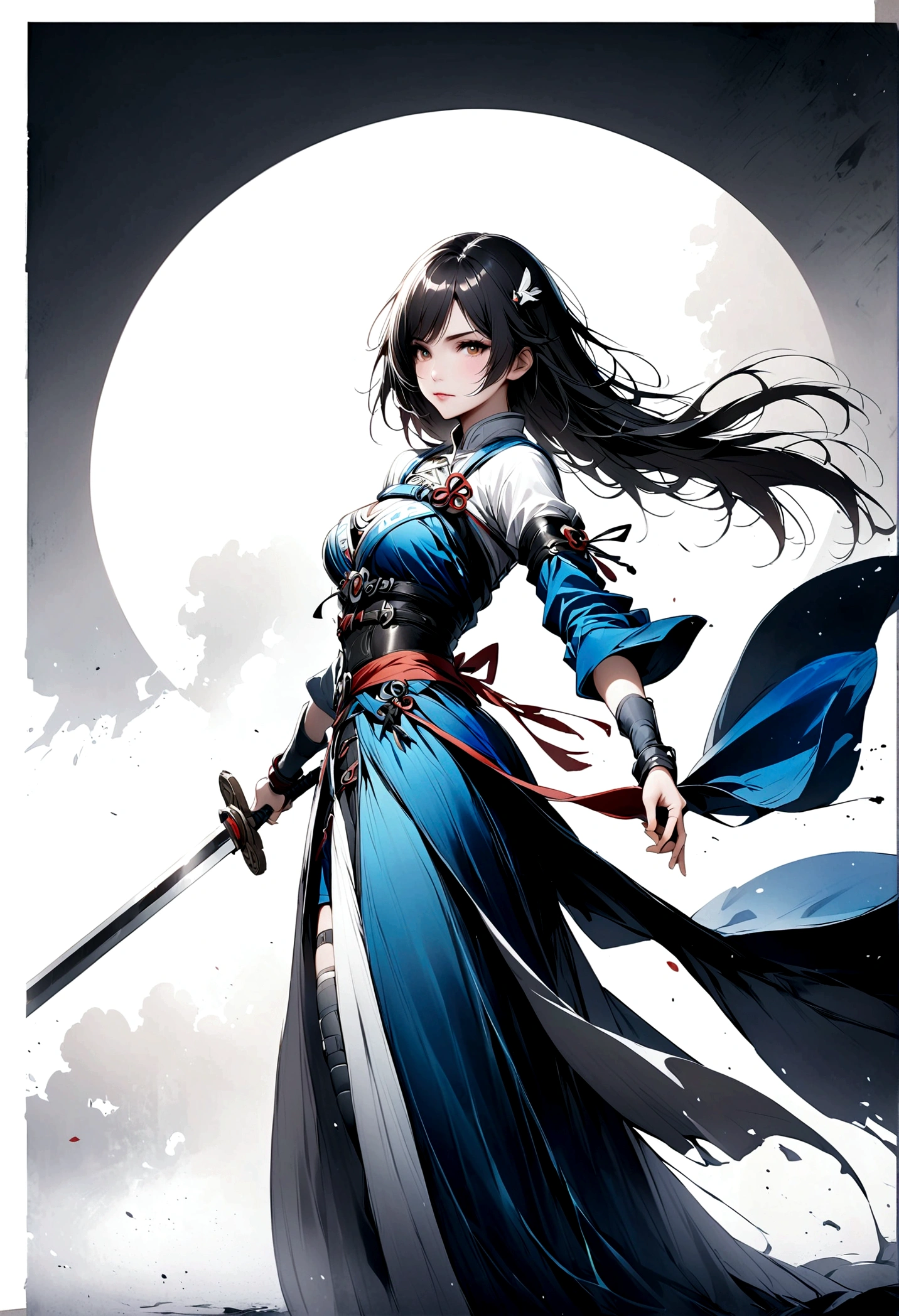 Artistic ink painting,Three-dimensional ink painting,Minimalism,Minimalist graphics,Minimal Art,Anime girl holding a sword,whole body,Chinese style,antiquity,Ink Painting,Blue robe,Black long hair,Black and white background,古韵White Space,White Space,大面积White Space,Texture Matte,Low saturation,Minimalist composition,Master composition