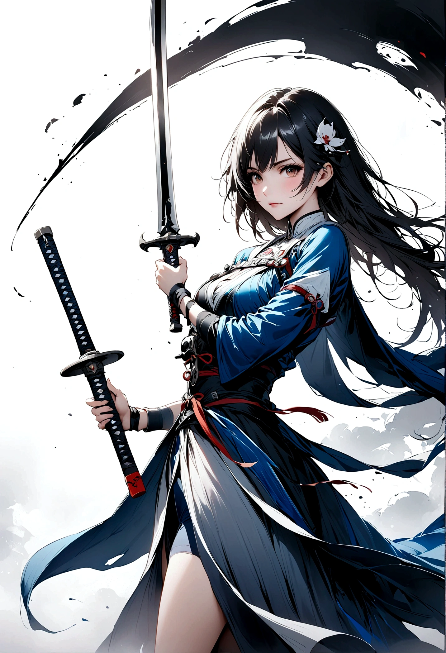 Artistic ink painting,Three-dimensional ink painting,Minimalism,Minimalist graphics,Minimal Art,Anime girl holding a sword,whole body,Chinese style,antiquity,Ink Painting,Blue robe,Black long hair,Black and white background,古韵White Space,White Space,大面积White Space,Texture Matte,Low saturation,Minimalist composition,Master composition