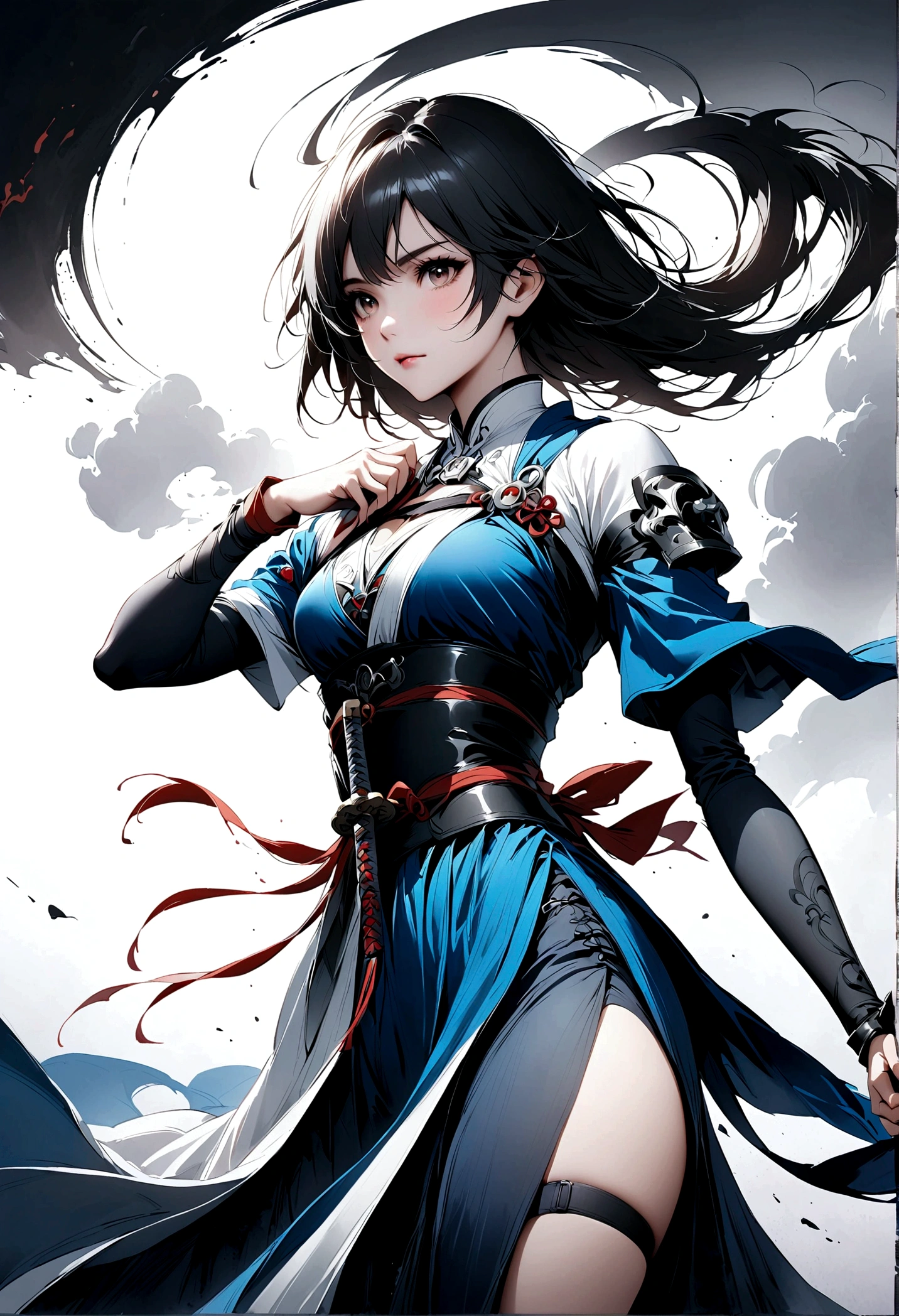 Artistic ink painting,Three-dimensional ink painting,Minimalism,Minimalist graphics,Minimal Art,Anime girl holding a sword,whole body,Chinese style,antiquity,Ink Painting,Blue robe,Black long hair,Black and white background,古韵White Space,White Space,大面积White Space,Texture Matte,Low saturation,Minimalist composition,Master composition