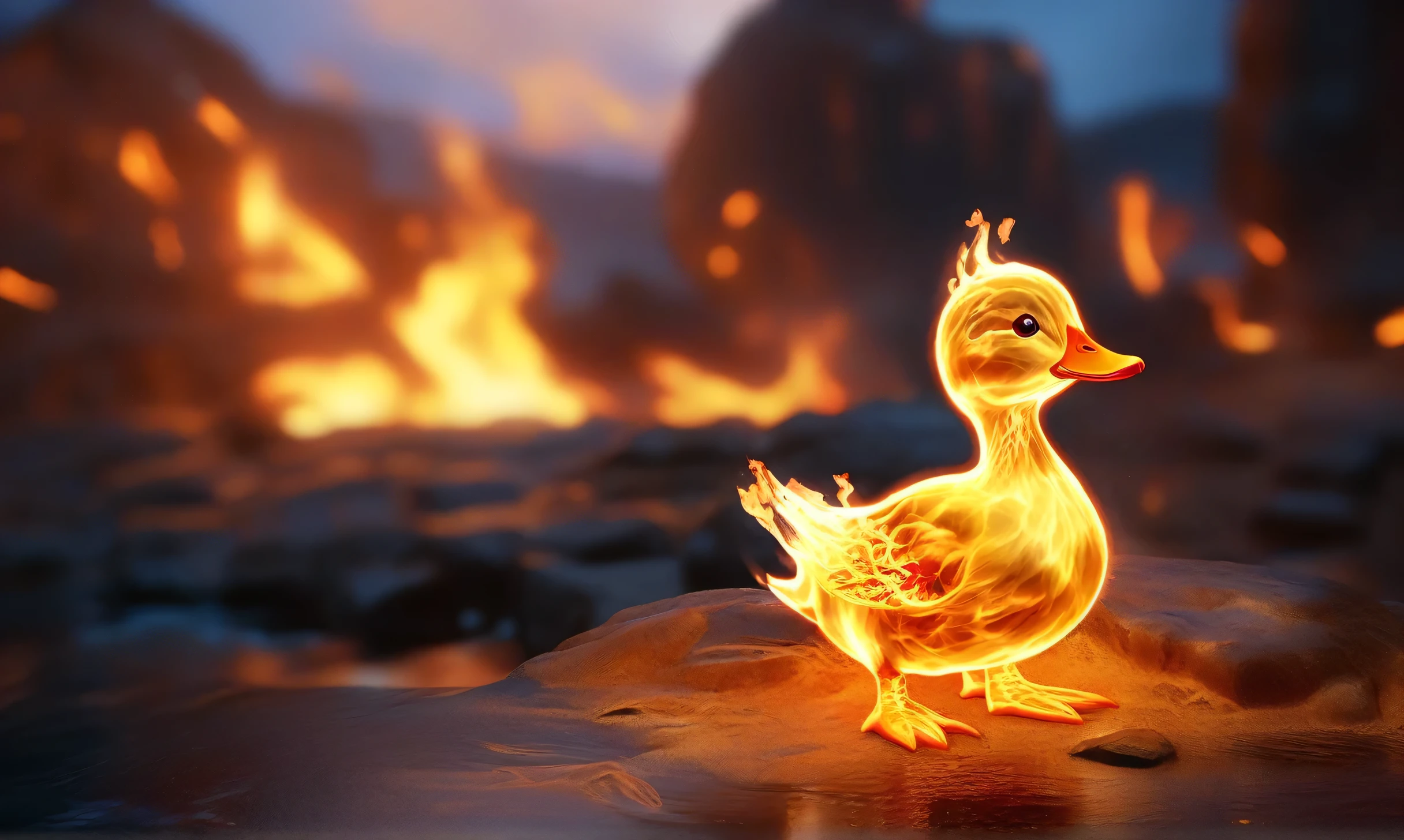 a transparent fire elemental duck made of (firecd_xl,raging flames:1.2,burning) in hell,fire eyes,fire hairs,fire body,splash fire,no humans,long-focus,tilt-shift,outdoors,on molten rock,full body,chinese zodiac,cutie,cute,still life,front view,facing viewer,looking at viewer,ethereal fantasy concept art,magnificent,epic,majestic,magical, emotional,harmonious,high budget,moody,epic,gorgeous,perfect lighting,realistic,photorealistic,photographic,photo (medium),real,moody lighting,volumetric lighting,reality ray tracing,8K,HDR,UHD,masterpiece,best quality,highly detailed,high resolution,finely detail,extremely detailed,ultra detailed,wallpaper