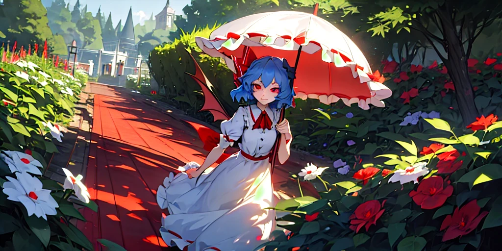 1girl, Remilia Scarlet (Touhou). In garden green, Walking wing white vintage umbrella. look at viewer. Cute face. blue hair. red eyes, long eyelashes. vintage white dress.