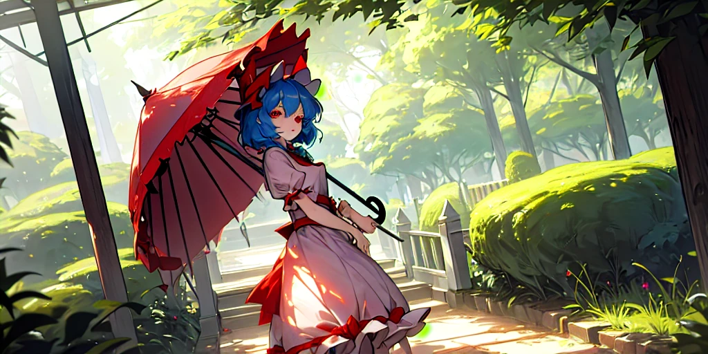 1girl, Remilia Scarlet (Touhou). In garden green, Walking wing white vintage umbrella. look at viewer. Cute face. blue hair. red eyes, long eyelashes. vintage white dress. 
