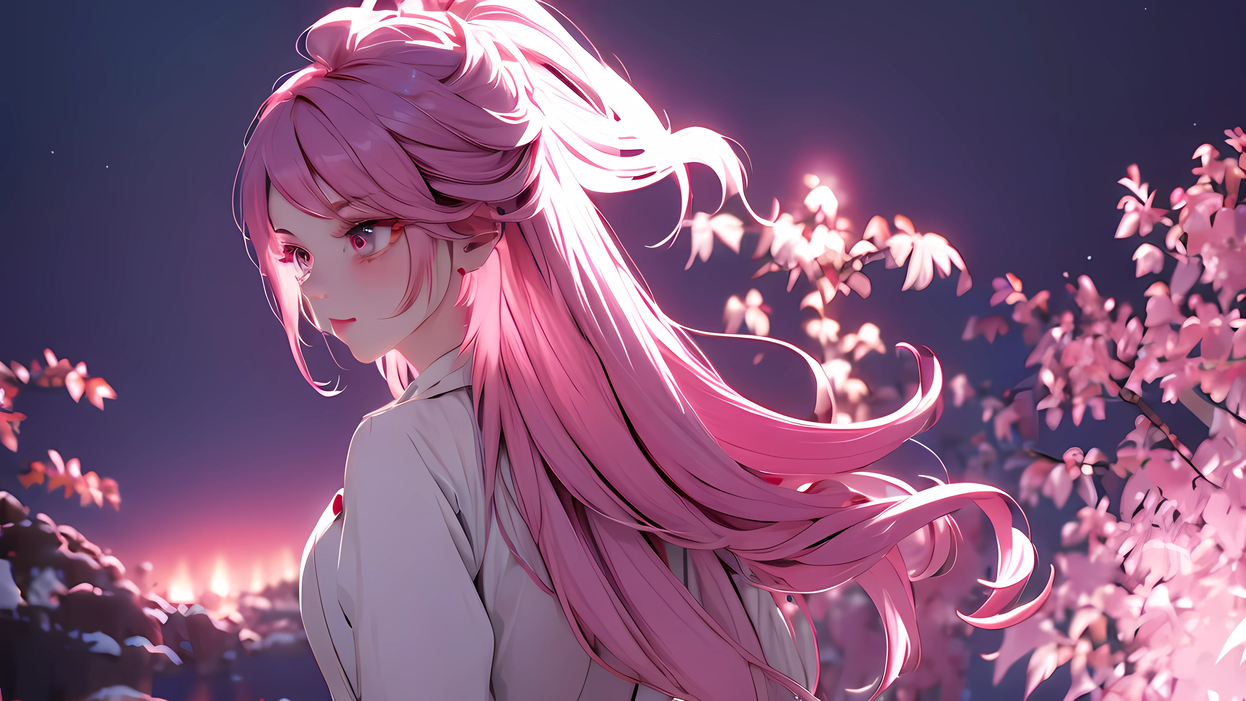 1 girl, medium light pink hair, light pink eyes, wearing white suit, night city, absurdres, high res, ultrasharp, 8K, masterpiece, looking from behind