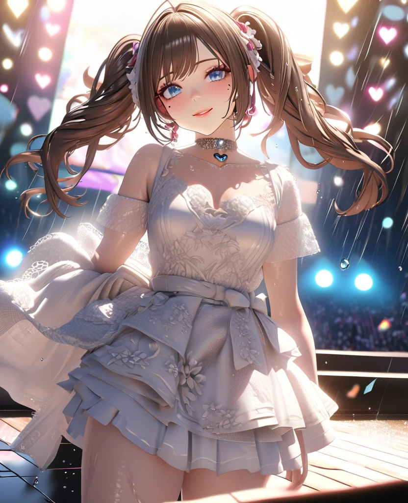 one girl, staring at the audience, beautiful blue eyes, brown hair in short twin tails, mole under eye, plump glossy lips, heart shaped choker, idol, her name is Mei, smiling, . . . 3D, realistic, idol's costume was drenched in heavy rain, her chest was wet and see-through, heavy rain at outdoor concert, draped clothes, jewelry and decorations removed, floral patterns, lace trim, glittering on stage, masterpiece, best quality, 8k, detailed skin texture, detailed fabric texture, beautifully detailed face, intricate details, highly detailed, ultra high resolution, 8k Ultra HD, film grain, best shadows, delicate, staring at the audience, front