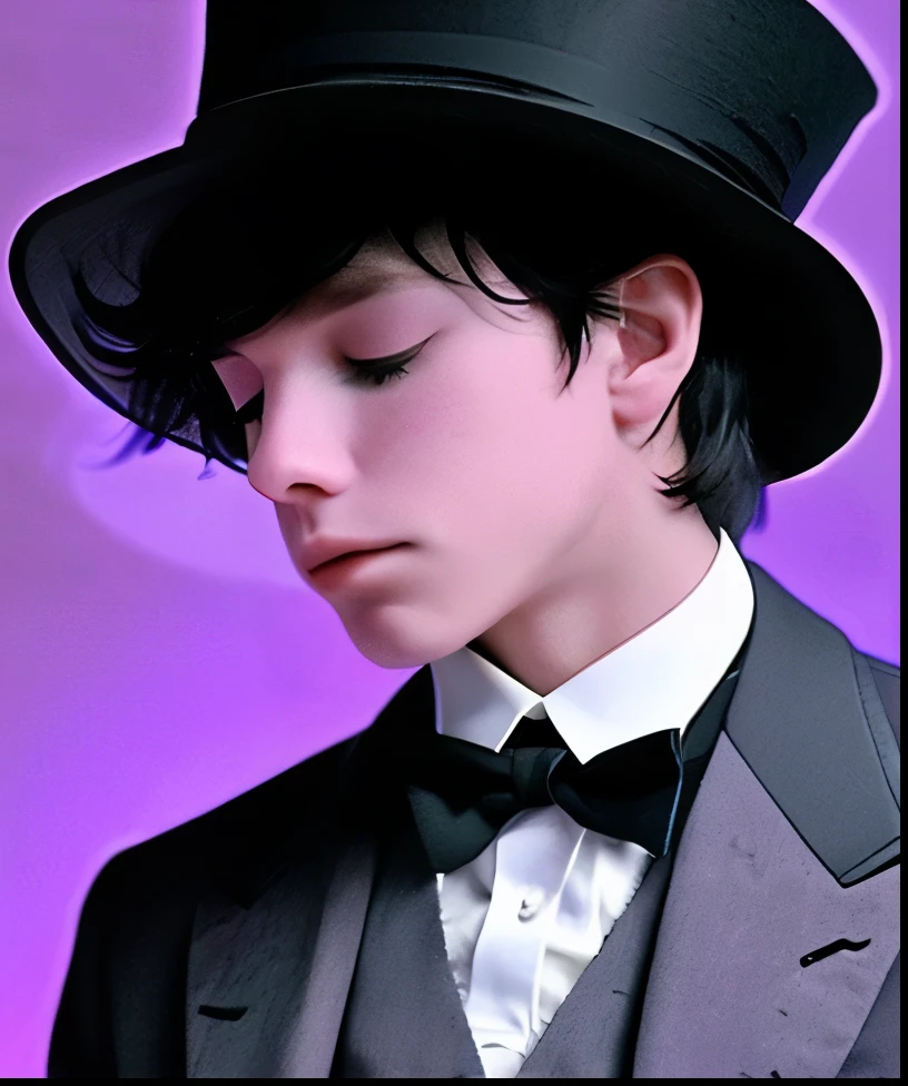 Create a TikTok profile picture of a handsome young man wearing a top hat that hides his eyes, with a fantastical purple-tinted night background.