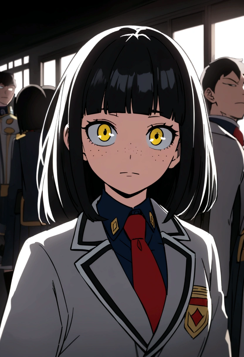 screenshot my hero academy. girl long black hair with bangs and some blue strands. Intense yellow eyes with freckles, an expression of tranquility. He wears a U.A uniform, a gray jacket and a red tie, in the background of a school environment.