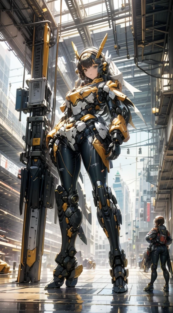 Girl standing in front of the mecha,Mech pilot,Rounded curves of the mecha,Mecha Background,Mechanical style background,Girl in tights standing in front of mecha,Girl standing in front of a mecha,Behind the girl is a huge mecha,Standing in front of the mech,The girl in tights stands in front of the tall mecha,Behind the girl in tights is a mecha,女孩Standing in front of the mech,女孩Standing in front of the mech,Standing in front of the mech的女孩,Mecha Background,The background is a mecha,Girl waist up close,Tilt view lens,Girl standing under the mecha