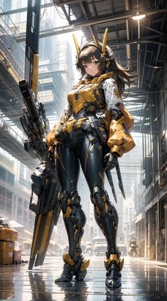 Girl standing in front of the mecha,Mech pilot,Rounded curves of the mecha,Mecha Background,Mechanical style background,Girl in tights standing in front of mecha,Girl standing in front of a mecha,Behind the girl is a huge mecha,Standing in front of the mech,The girl in tights stands in front of the tall mecha,Behind the girl in tights is a mecha,女孩Standing in front of the mech,女孩Standing in front of the mech,Standing in front of the mech的女孩,Mecha Background,The background is a mecha,Girl waist up close,Tilt view lens,Girl standing under the mecha
