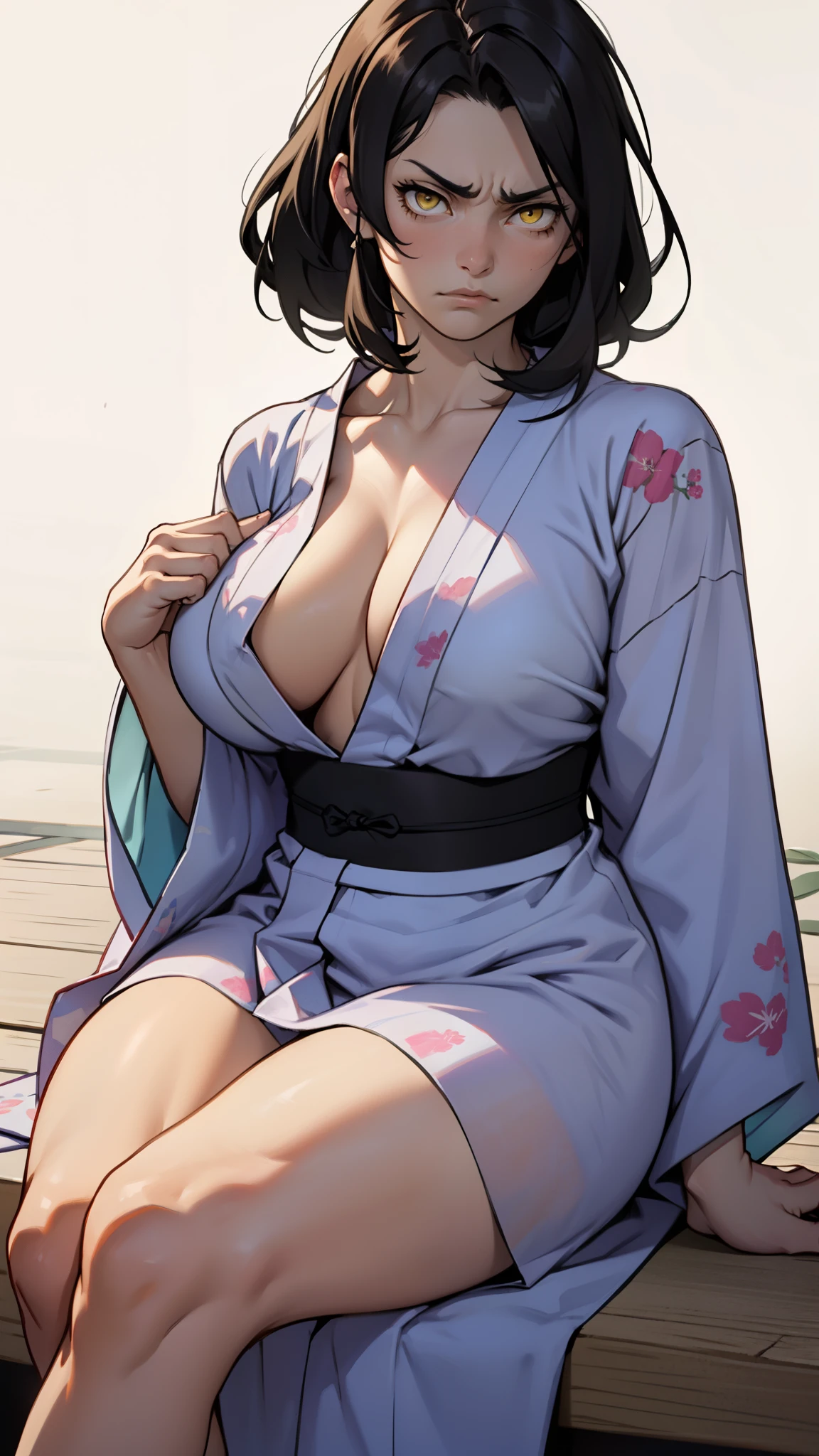 girl ((muscular)) massive breasts thick disdain disgusted annoyed disappointed black hair yellow eyes pale skin super detail yukata sitting