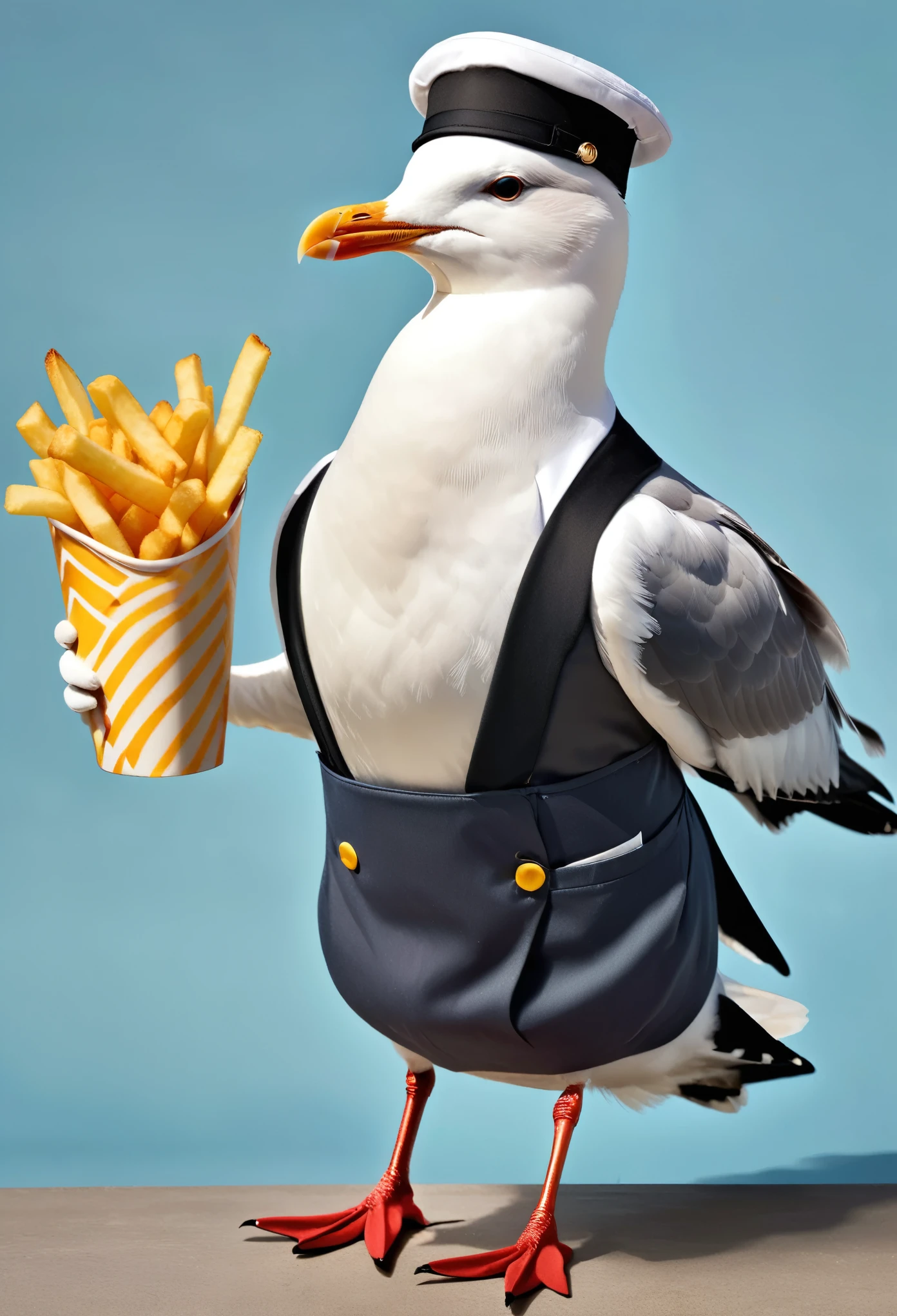 Dressed animals page, A seagull dressed as a waiter, serving hot french fries,