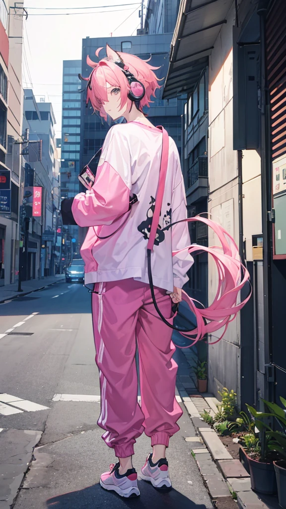 Kou, 1boy, hair ornament, tail, hair over one eye, from behind, looking over shoulder, headset, pink shirt, baggy pants, sneakers, curious, wide eyed.