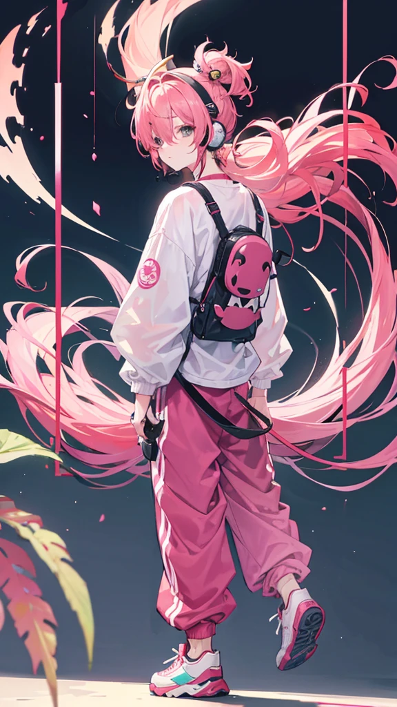 Kou, 1boy, hair ornament, tail, hair over one eye, from behind, looking over shoulder, headset, pink shirt, baggy pants, sneakers, curious, wide eyed.