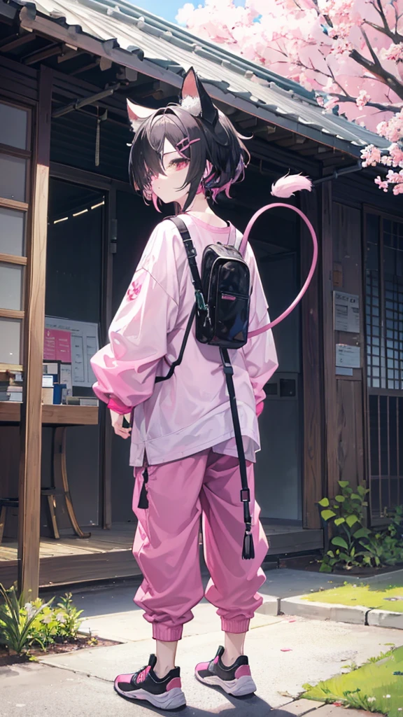 Kou, 1boy, hair ornament, tail, hair over one eye,  from behind, looking over shoulder, headset, pink shirt, baggy pants, sneakers, curious, wide eyed.