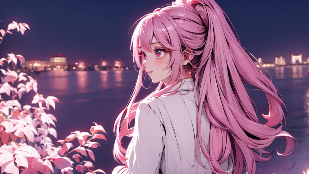 1 girl, medium light pink hair, light pink eyes, wearing white suit, night city, absurdres, high res, ultrasharp, 8K, masterpiece, looking from behind