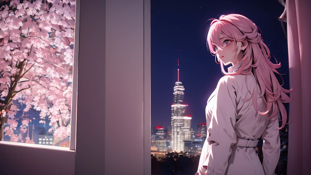 1 girl, medium light pink hair, light pink eyes, wearing white suit, night city, absurdres, high res, ultrasharp, 8K, masterpiece, looking from behind
