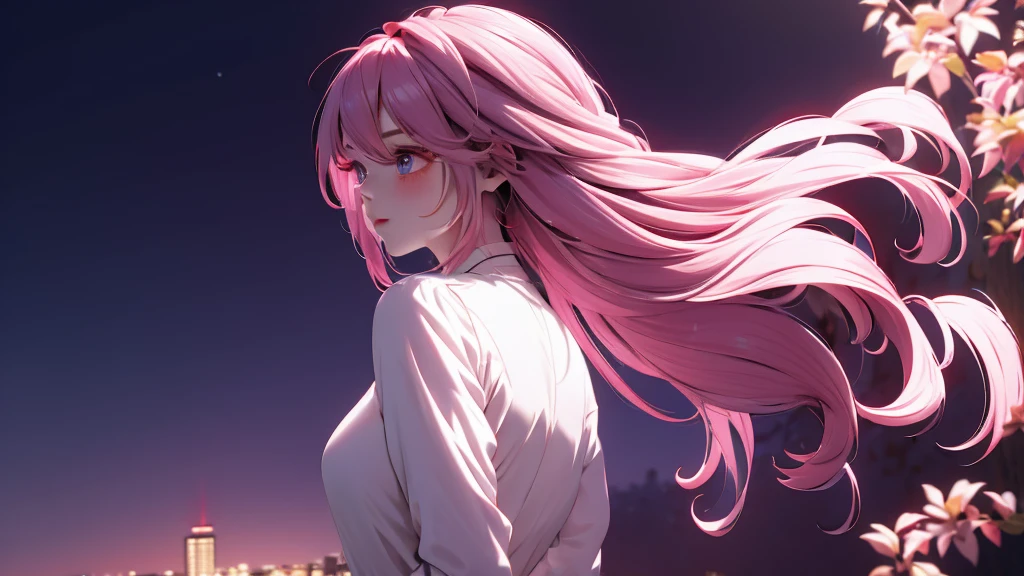 1 girl, medium light pink hair, light pink eyes, wearing white suit, night city, absurdres, high res, ultrasharp, 8K, masterpiece, looking from behind