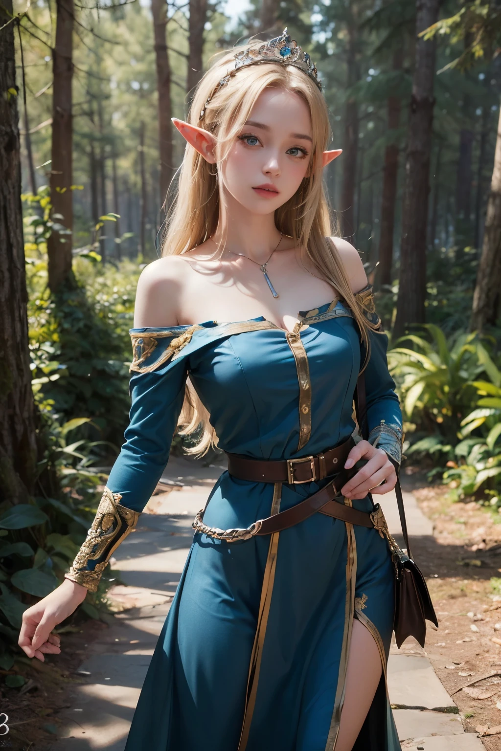 Elf,(8k, RAW Photos, highest quality, masterpiece:1.2),Super detailed,blonde,blue eyes,RPG,princess,battledress,moving,in forest
