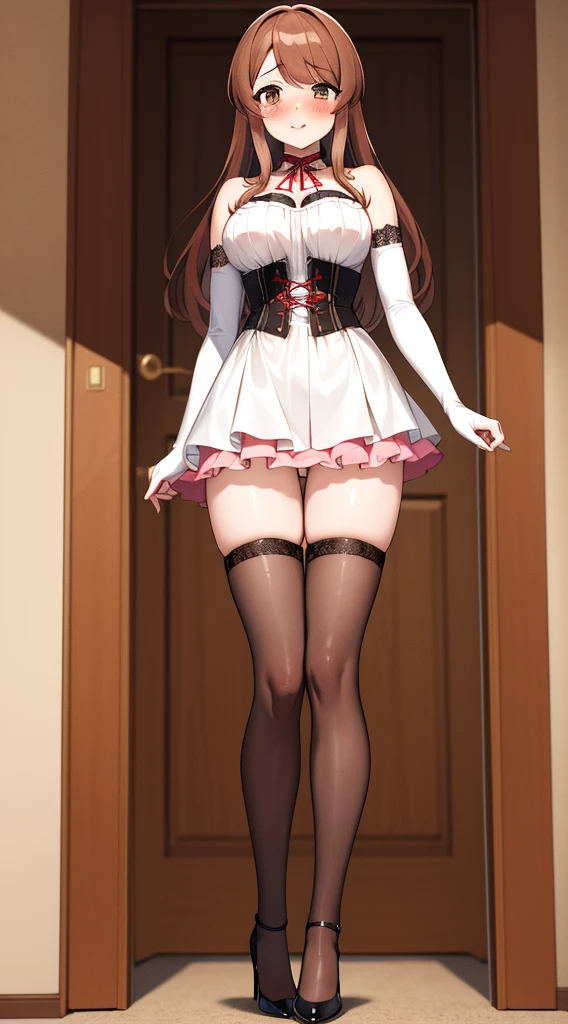 masterpiece, best quality, highres, highly detailed, mikuru1, 1girl, asahina mikuru, solo, beautiful detailed eyes, blush, full body, corset, very short frilly skirt, thigh highs, elbow gloves, high heels, standing, doorway