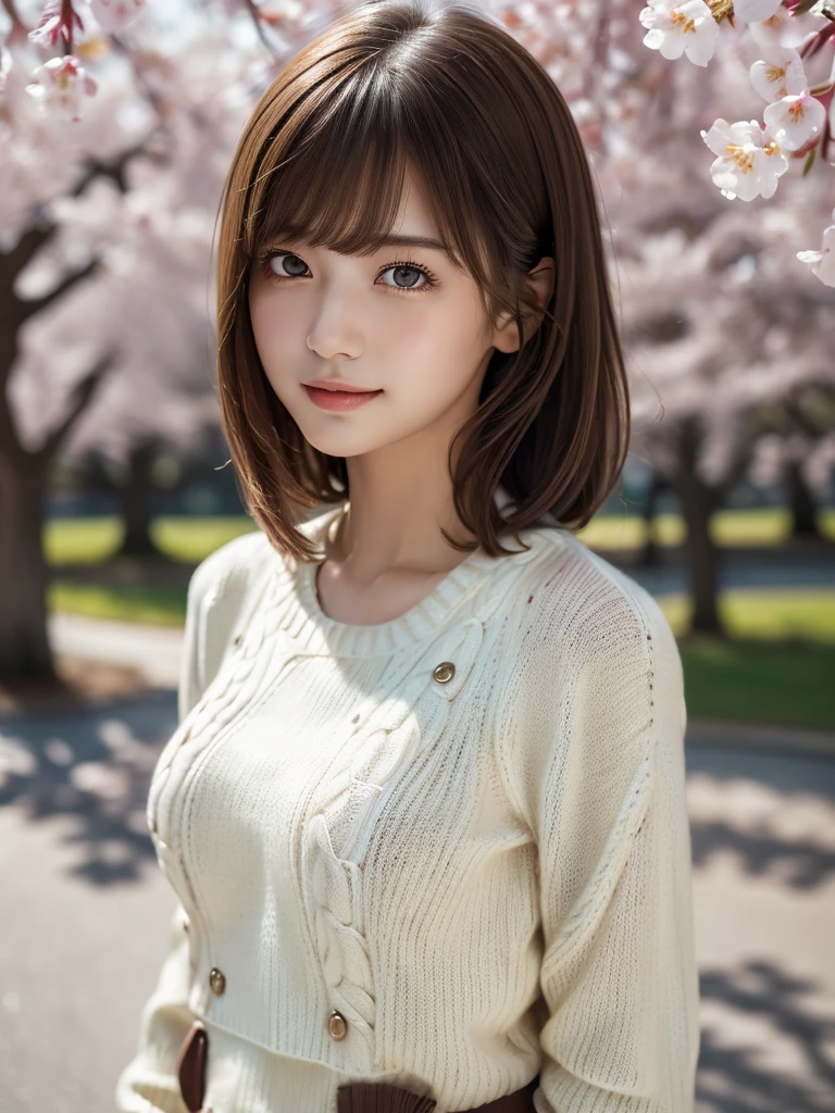 (Quite intense exposure:1.8)、(The bust is never visible:1.8)、1 Girl,(ivory sweater:1.4),, (RAW Photos, Highest quality), (Realistic, Photorealistic:1.4), Tabletop, Very delicate and beautiful, Very detailed, 8k wallpaper, wonderful, finely, Very detailed CG Unity, High resolution, Soft Light, Beautiful and detailed 19 year old girl, Very detailed目と顔, Beautiful and detailed nose, finelyて美しい目,Cinema Lighting,Standing on top of a row of cherry blossom trees,Perfect Anatomy,Slender body,smile (Asymmetrical bangs, Light brown hair,)