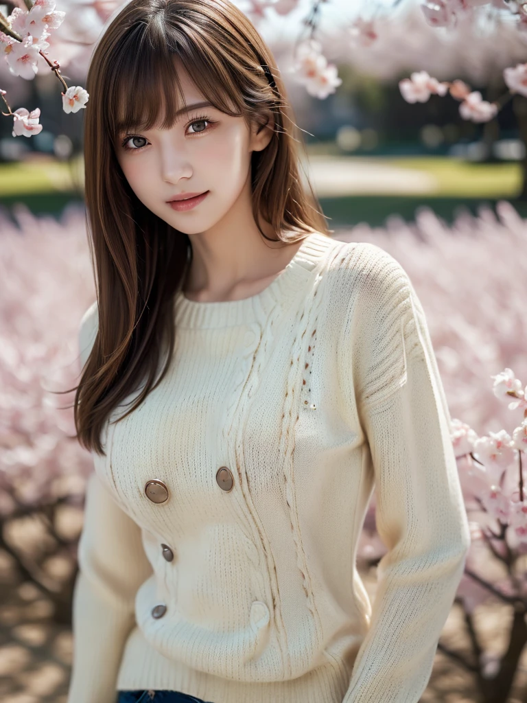 (Quite intense exposure:1.8)、(The bust is never visible:1.8)、1 Girl,(ivory sweater:1.4),, (RAW Photos, Highest quality), (Realistic, Photorealistic:1.4), Tabletop, Very delicate and beautiful, Very detailed, 8k wallpaper, wonderful, finely, Very detailed CG Unity, High resolution, Soft Light, Beautiful and detailed 19 year old girl, Very detailed目と顔, Beautiful and detailed nose, finelyて美しい目,Cinema Lighting,Standing on top of a row of cherry blossom trees,Perfect Anatomy,Slender body,smile (Asymmetrical bangs, Light brown hair,)