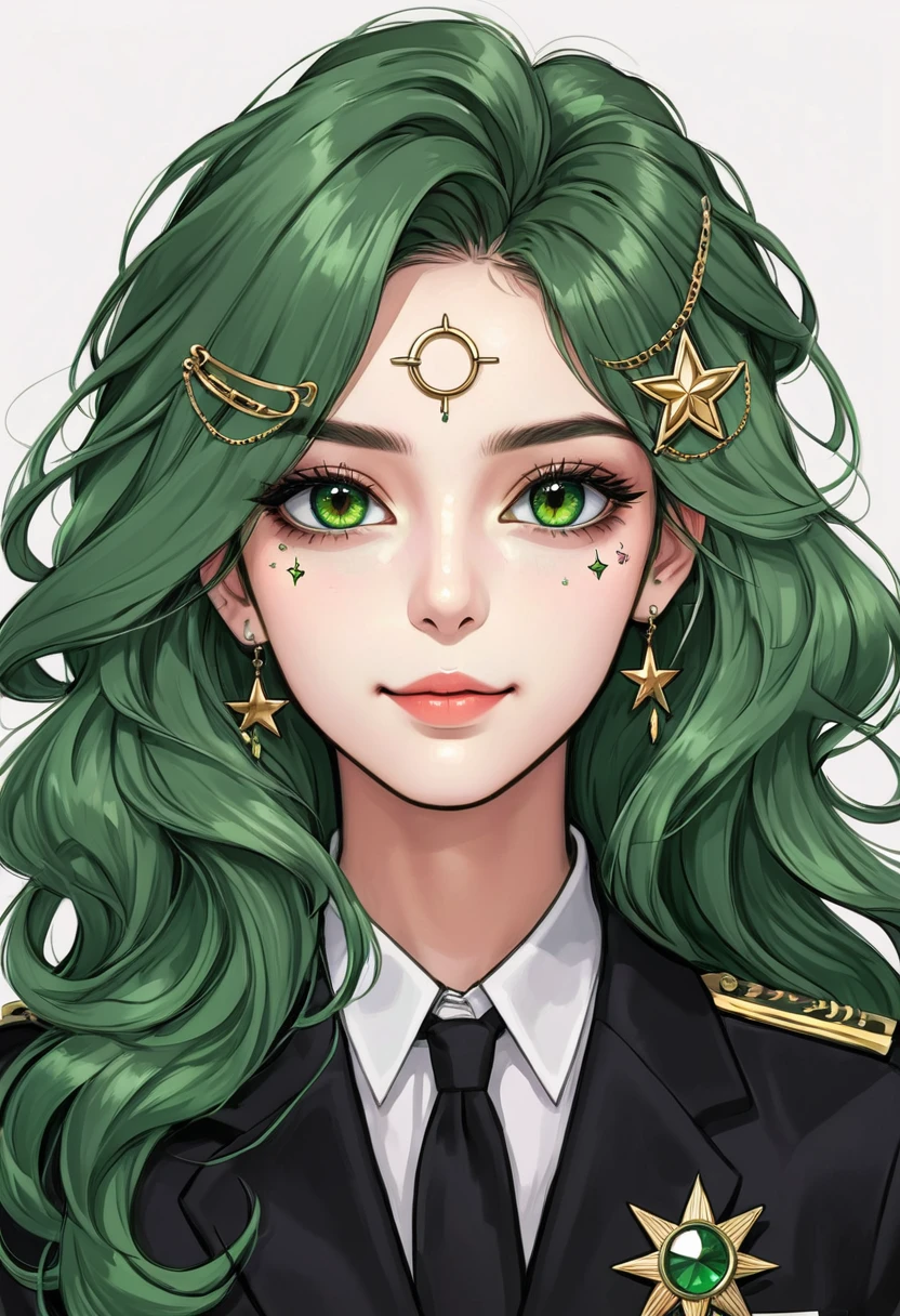 (Digital Illustration，Detailed anime style girl portrait，Solitary，symmetry)，(Big colorful eyes，Fashionable and exquisite facial features，Exquisite makeup，Smile，Star symbol mark on cheek，Soulful gaze，)，(Green fluffy long hair，Beautiful hairstyle，Hairpin)，(Black suit，Epaulettes-Chain，cool，)，Clean and simple white background，(((Correct human anatomy)))