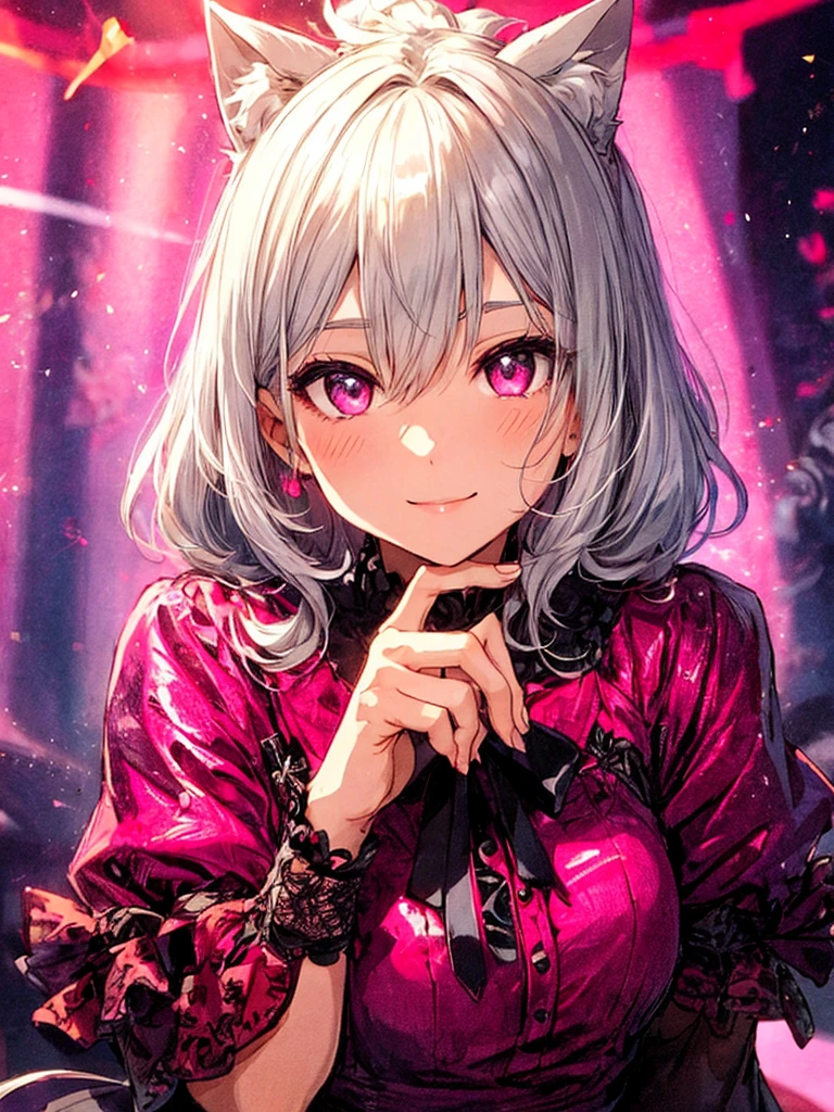 Highly detailed face,fine grain,Highlighted eyes, medium breasts ,pretty girl, smile shyly,Cat ear,Beautiful silver hair,Pink inside,Beautiful pink eyes,shiny skin, beautiful shadow,
Close-up of face, singing scene, dress scene, looking the viewer,
Represent idol in bright colors, Represent idol dress in colorful colors