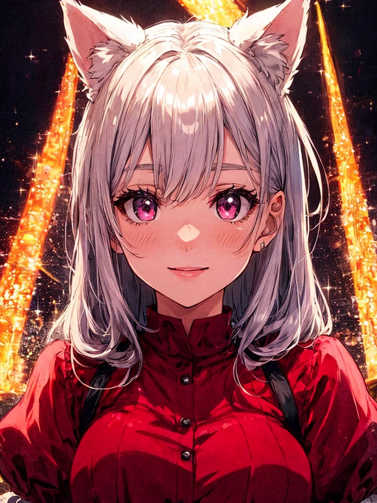 Highly detailed face,fine grain,Highlighted eyes, medium ,pretty girl, smile shyly,Cat ear,Beautiful silver hair,Pink inside,Beautiful pink eyes,shiny skin, beautiful shadow,
Close-up of face, singing scene, dress scene, looking the viewer,
Represent idol in bright colors, Represent idol dress in colorful colors