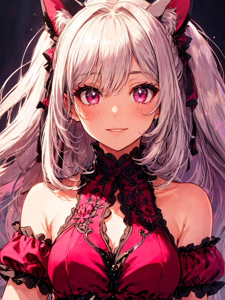 Highly detailed face,fine grain,Highlighted eyes, medium breasts ,pretty girl, smile shyly,Cat ear,Beautiful silver hair,Pink inside,Beautiful pink eyes,shiny skin, beautiful shadow,
Close-up of face, singing scene, dress scene, looking the viewer,
Represent idol in bright colors, Represent idol dress in colorful colors
