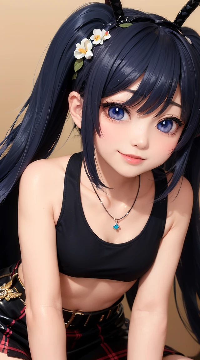  (masterpiece:1.3), (Best Quality:1.3), (Ultra-detailed:1.2), ((kawaii)), Cute, (lovely), ((sexy)), ((Extremely detailed)), 4K, (8K), Best Quality, (Beautiful), Illustration, anime style, (bold line:1.2), Gradation, looking at viewer, //, (bent down:1.1), (arms behind back), //, a cute girl, 1girl, (solo:1.2), gleaming skin, //, (flat chested), (Perfect eyes:1.2), (Perfect iris:1.2), //, darkblue hair color, (beautiful eyes) //, (half closed eyes:1.3), (sexual expression:1.2), Fascinated expression, smile, (blush:1.2), //, modern city background, on rock, twin tails, muscle girl, hard abs, exposed abs, NECKLACE, tight blouse, skirt