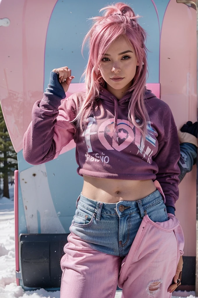 girl with pink hair snowboarding , pink messy hair, 1 girl, solo, jeans, pink fingerless gloves, pink crop top hoodie