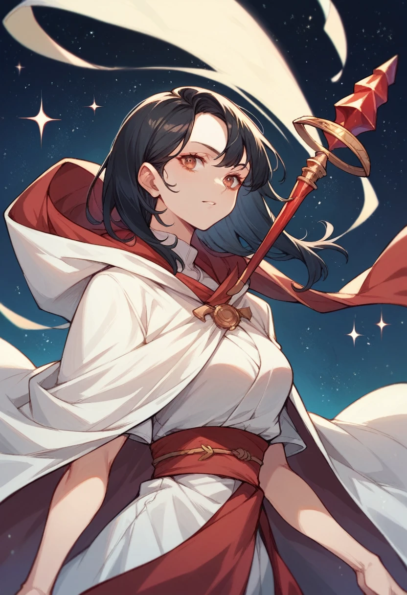 Adult woman with black hair and a white cloak with a red sash around her waist with a scepter in her hand and in the background a starry sky