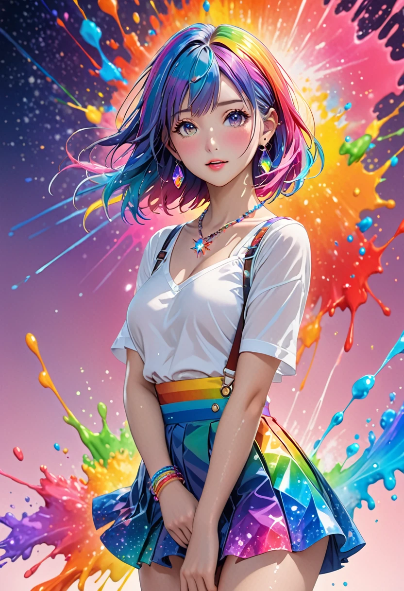 anime, 1 girl, japanese, full body picture, standing, posing for a picture, sexy pose, naughty, masterpiece,High resolution,8K,Art,digit,Three-dimensional,Realism,Kyoto Animation Style,your name movie style, ((Paint splashes,splash of color, Ink splash)),looking into camera,Soft Light,Glowing skin,(1 female: 1.3),(alone: 1.4),(((colorful hair))),((Colorful suspender skirt)),(Rainbow crystal hair clip),(Rainbow crystal small necklace),(Rainbow crystal small earrings),(Rainbow crystal bracelet),(Rainbow crystal ring),Long eyelashes,Slender legs,Short Bob,Close-up of upper body,Close-up,close view,colorful background,(Eyes as deep as the starry sky),(Shut up),(blush),(shy),(lovely and delicate)