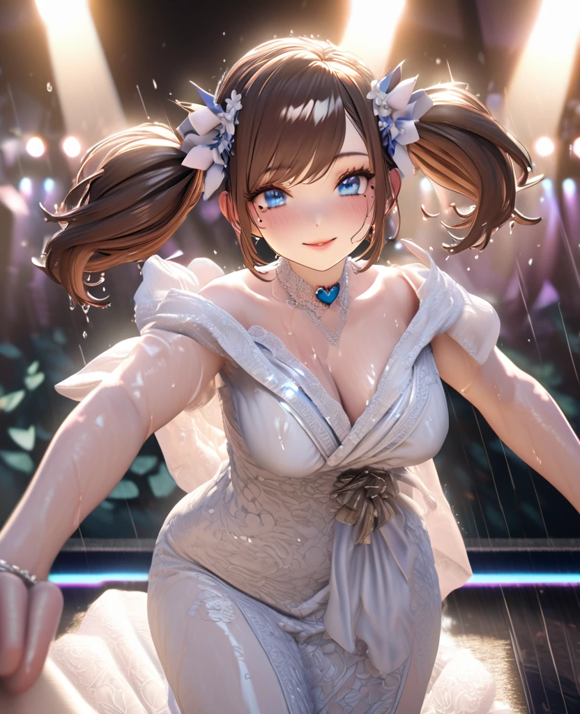 one girl, staring at the audience, beautiful blue eyes, brown hair in short twin tails, mole under eye, plump glossy lips, heart shaped choker, idol, her name is Mei, smiling, . . . 3D, realistic, idol's costume was drenched in heavy rain, her chest was wet and see-through, heavy rain at outdoor concert, draped clothes, jewelry and decorations removed, floral patterns, lace trim, glittering on stage, masterpiece, best quality, 8k, detailed skin texture, detailed fabric texture, beautifully detailed face, intricate details, highly detailed, ultra high resolution, 8k Ultra HD, film grain, best shadows, delicate, staring at the audience, front