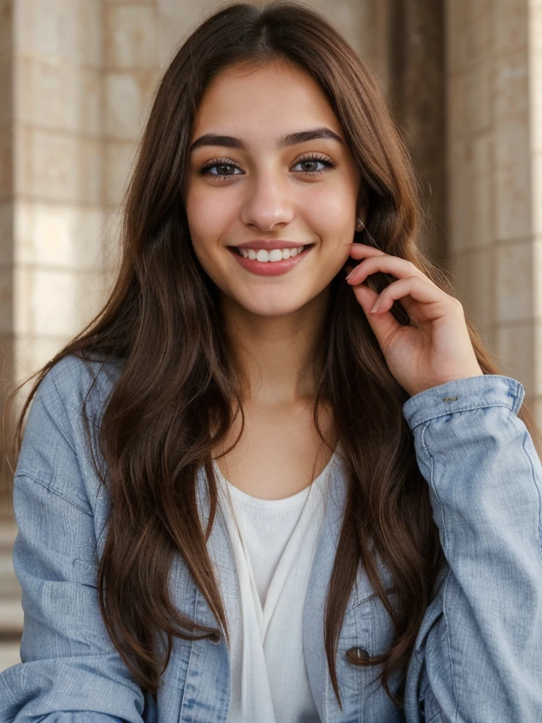 one cute women, 20YO, white, Arab, cute face, realistic brown eyes, blue jacket, brown hair, cute smile, skinny face, white realistic teethes, big eyes, long hair