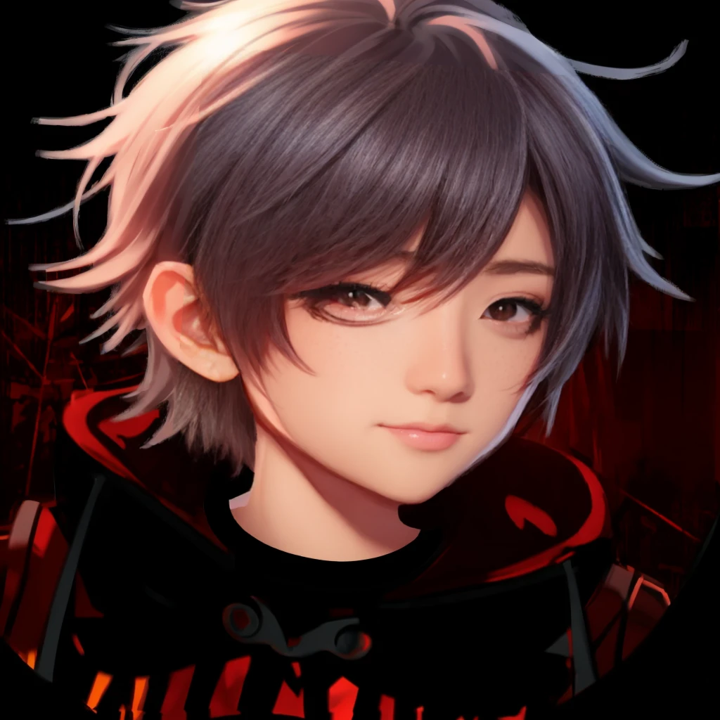 anime boy with short hair and orange eyes in a black and red outfit, smooth anime cg art, anime boy, anime style 4 k, stunning anime face portrait, anime styled digital art, high detailed face anime, anime styled 3d, persona 5 art style wlop, anime style. 8k, anime character portrait, made with anime painter studio