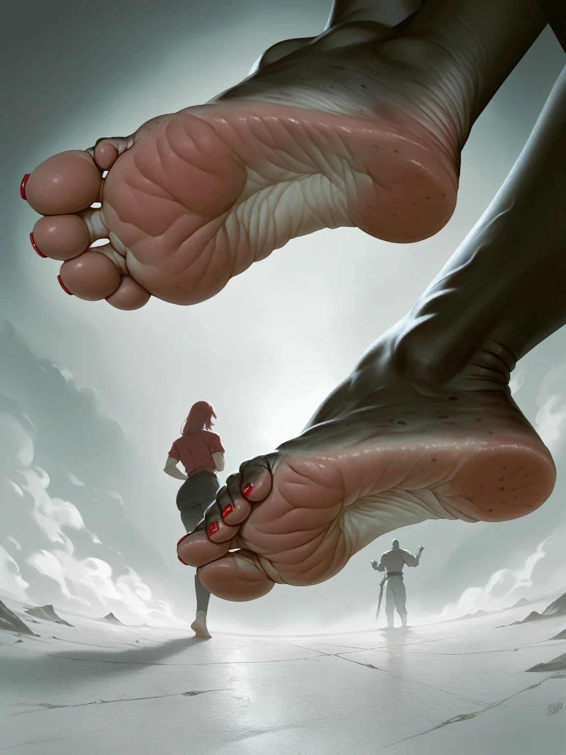 Giant feet soles and toes, red toesnail, black and red backfround, the ground was made of dark water, ultra detailed, wrinkled soles, dirty soles, no character. Masterpiece, 4k, low-angle view